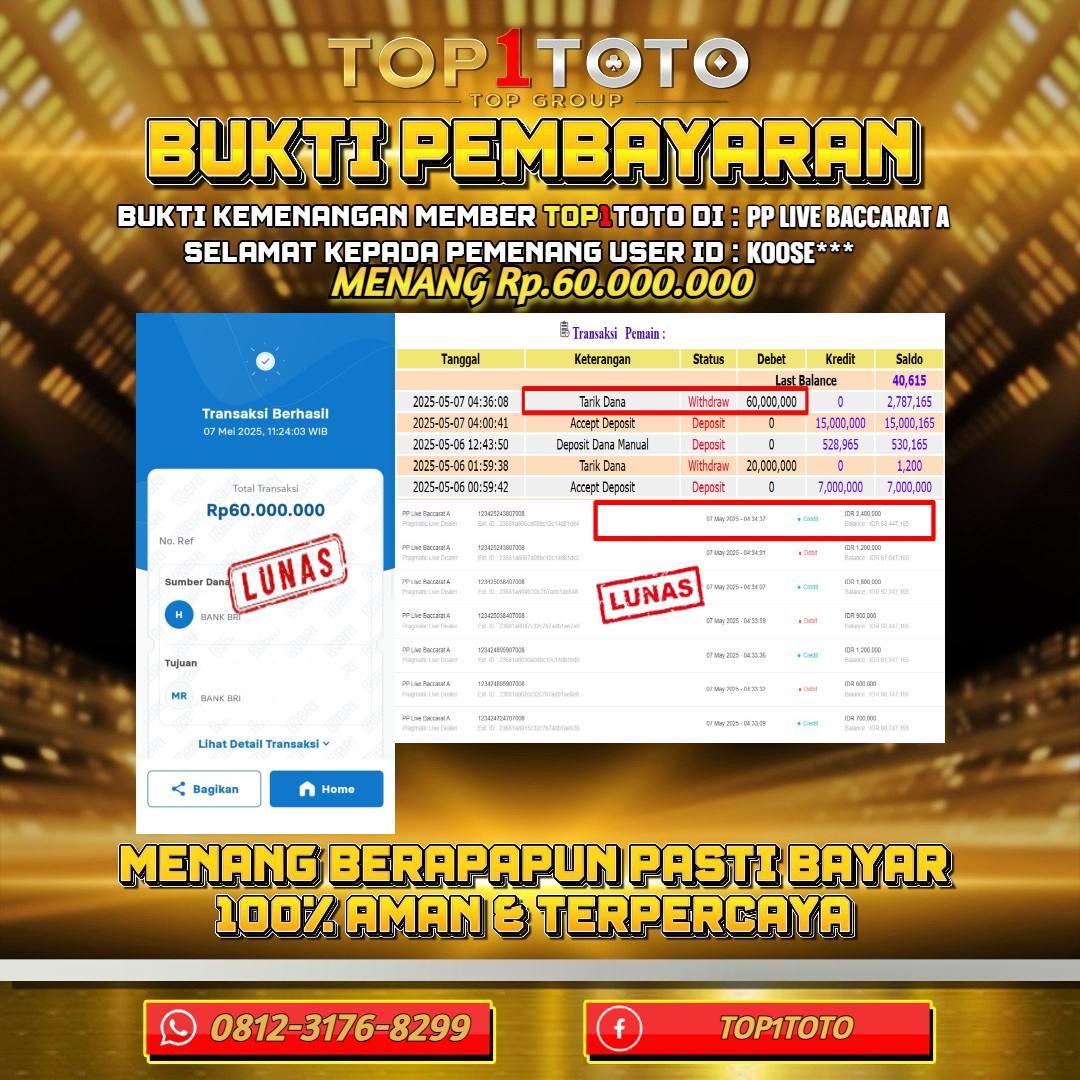 TOP1TOTO JACKP0T LIVE GAMES PP LIVE BACCARAT A Rp.60.000.000 - LUNAS USER ID : KOOSE***