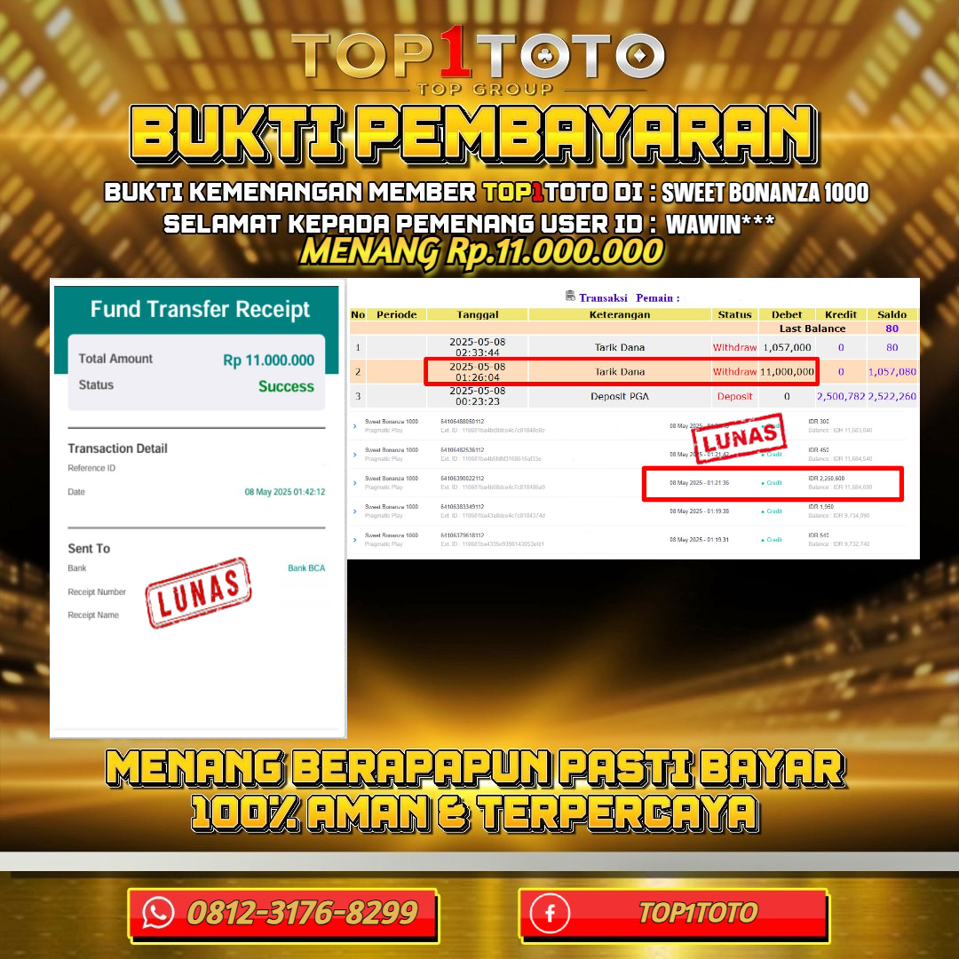 TOP1TOTO JACKP0T SLOT SWEET BONANZA 1000 Rp.11.000.000 - LUNAS USER ID : WAWIN***