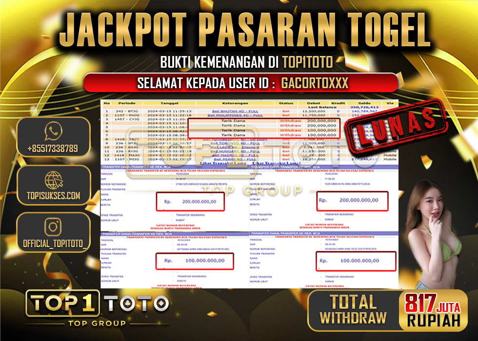 TOP1TOTO JACKPOT PASARAN TOGEL Rp.817.000.000 - LUNAS