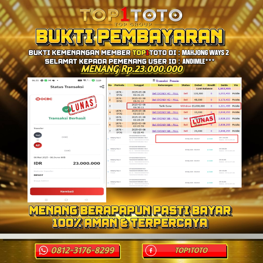 TOP1TOTO JACKP0T SLOT MAHJONG WAYS 2 Rp.23.000.000 - LUNAS USER ID : ANDIMLE***