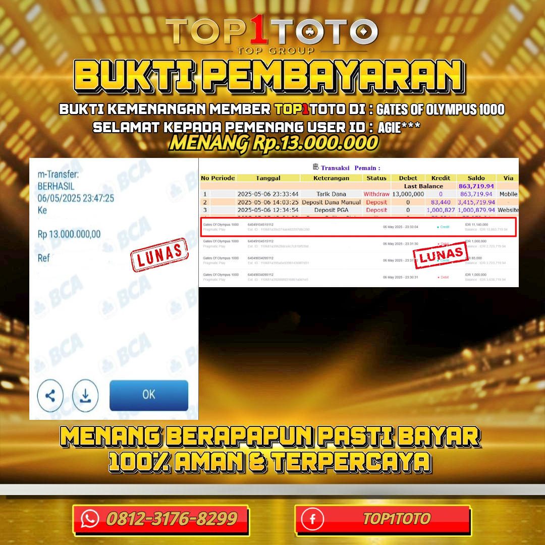 TOP1TOTO JACKP0T SLOT GATES OF OLYMPUS 1000 Rp 13.000.000 - LUNAS USER ID : AGIE***