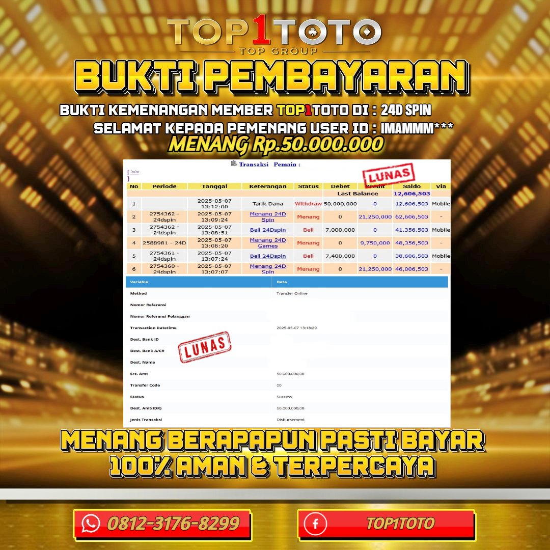 TOP1TOTO JACKP0T LIVE GAMES 24D SPIN Rp 50.000.000 - LUNAS USER ID : IMAMMM***
