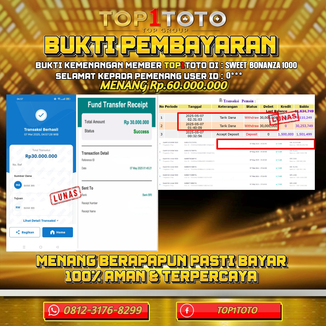 TOP1TOTO JACKP0T SLOT SWEET BONANZA 1000 Rp60.000.000 - LUNAS USER ID : O***