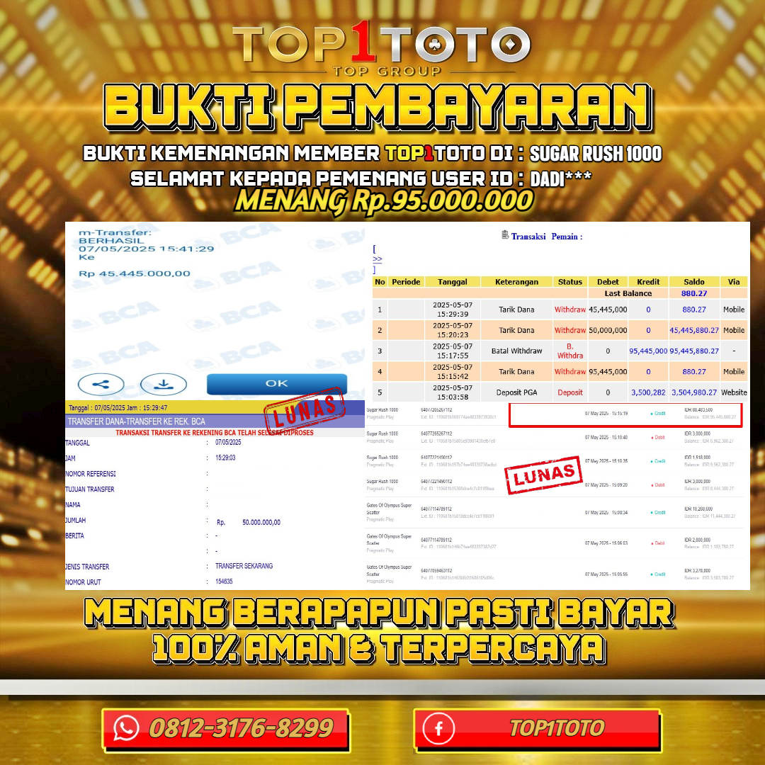 TOP1TOTO JACKP0T SLOT SUGAR RUSH 1000 Rp.95.000.000 - LUNAS USER ID : DADI***